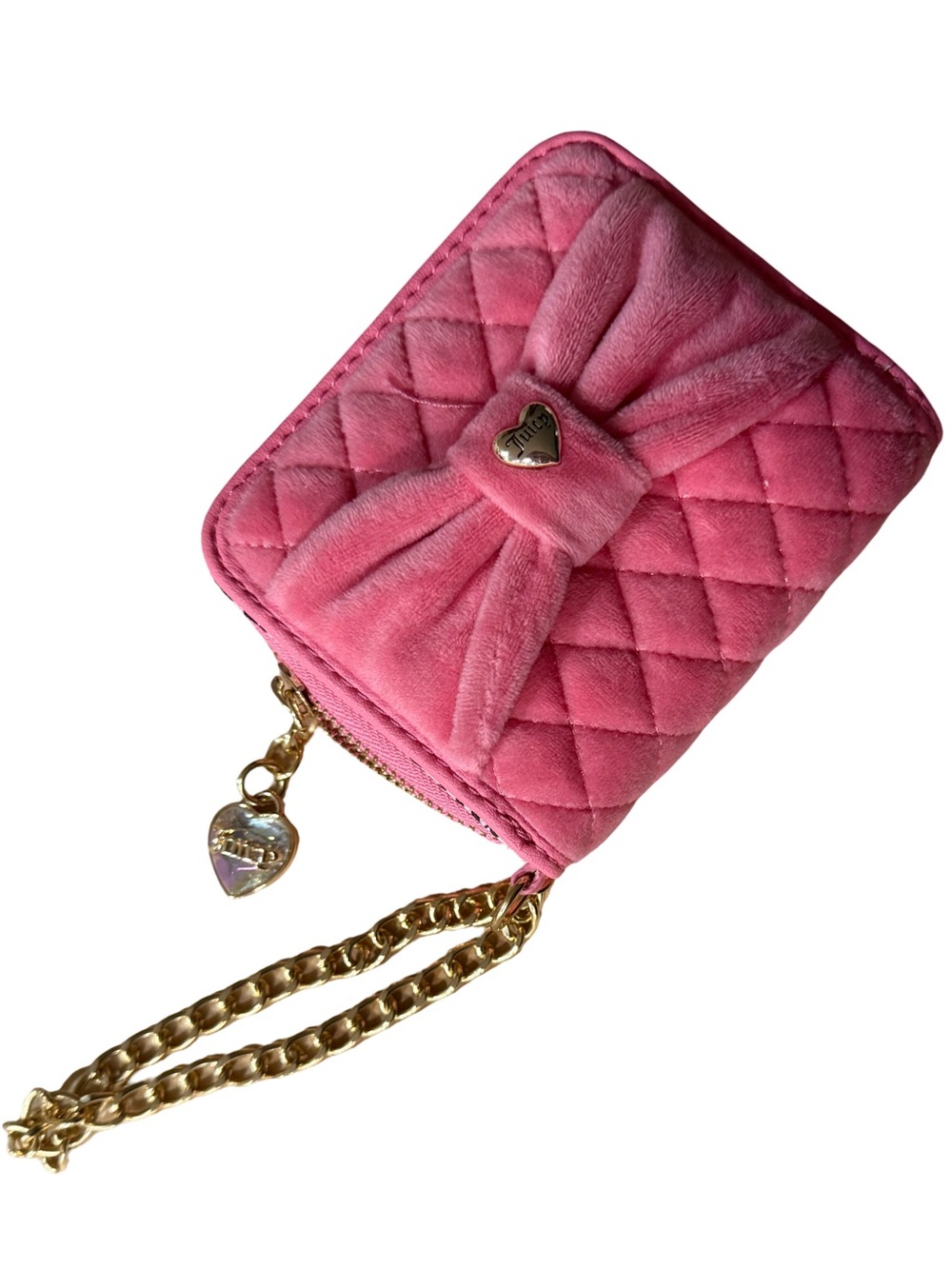 Juicy Couture Pink Quilted Velvet Bow Wristlet Wallet with Gold Chain NWOT